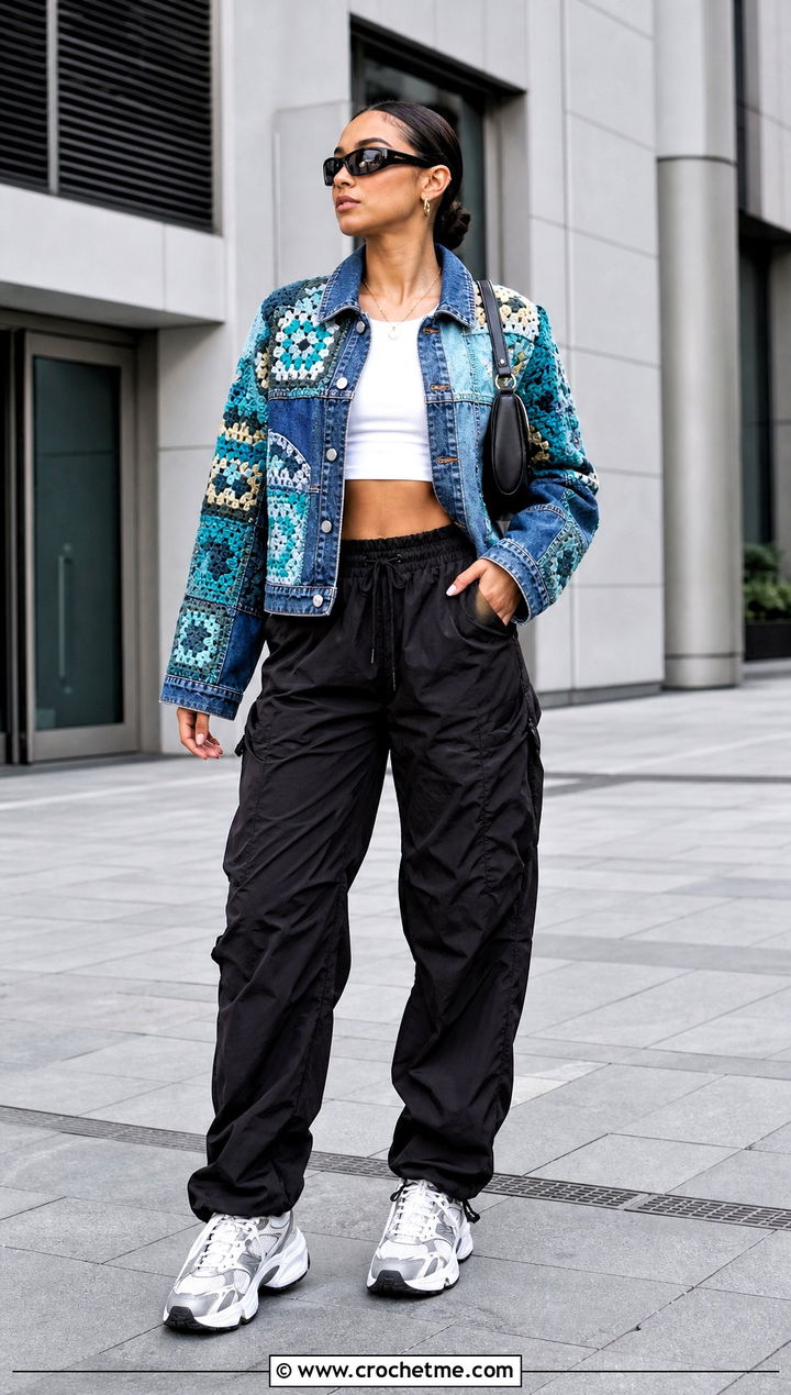 Patchwork Crochet Denim Jacket With Parachute Pants - 30 crochet denim jacket outfit ideas