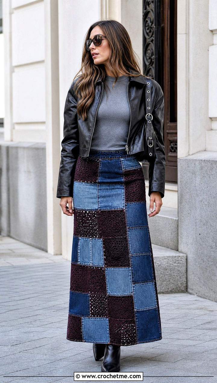 Patchwork Crochet Denim Maxi Skirt With Leather Jacket - 30 denim crochet skirt outfit ideas