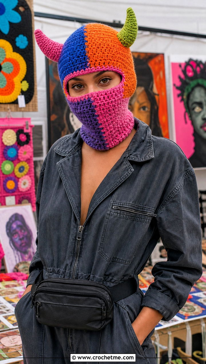 Patchwork Crochet Devil Horn Balaclava With Utility Jumpsuit - 20 crochet devil horn balaclava outfit ideas