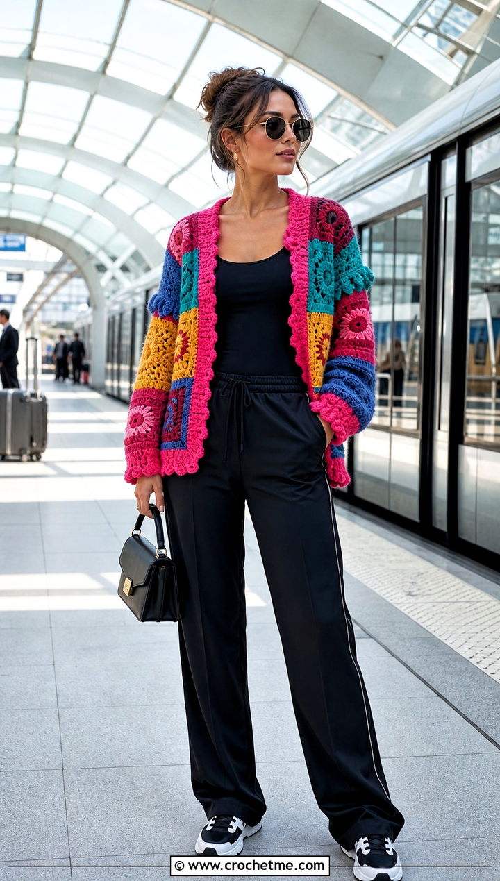 Patchwork Crochet Doll Cardigan With Track Pants - 30 crochet doll cardigan outfit ideas