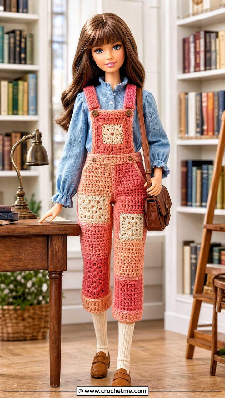 Patchwork Crochet Doll Overalls With Chambray Blouse - 30 crochet doll overalls outfit ideas