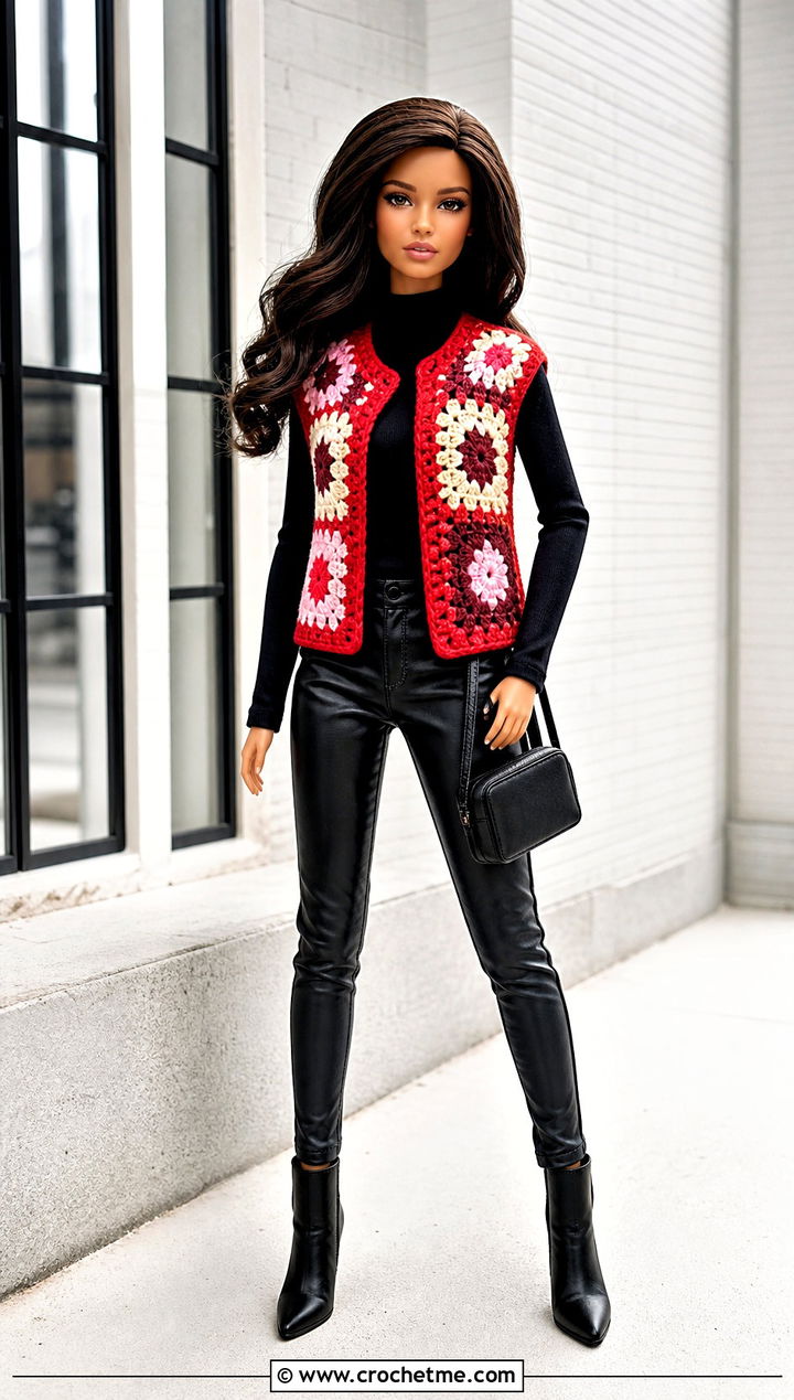 Patchwork Crochet Doll Vest With Leather Pants - 20 crochet doll vest outfit ideas