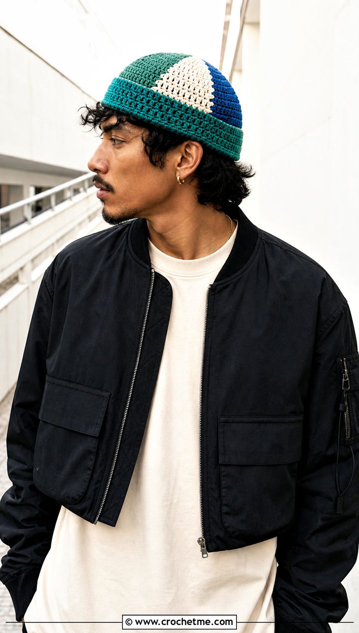Patchwork Crochet Dome Hat With Cargo Pants - 30 men crochet hat outfit ideas