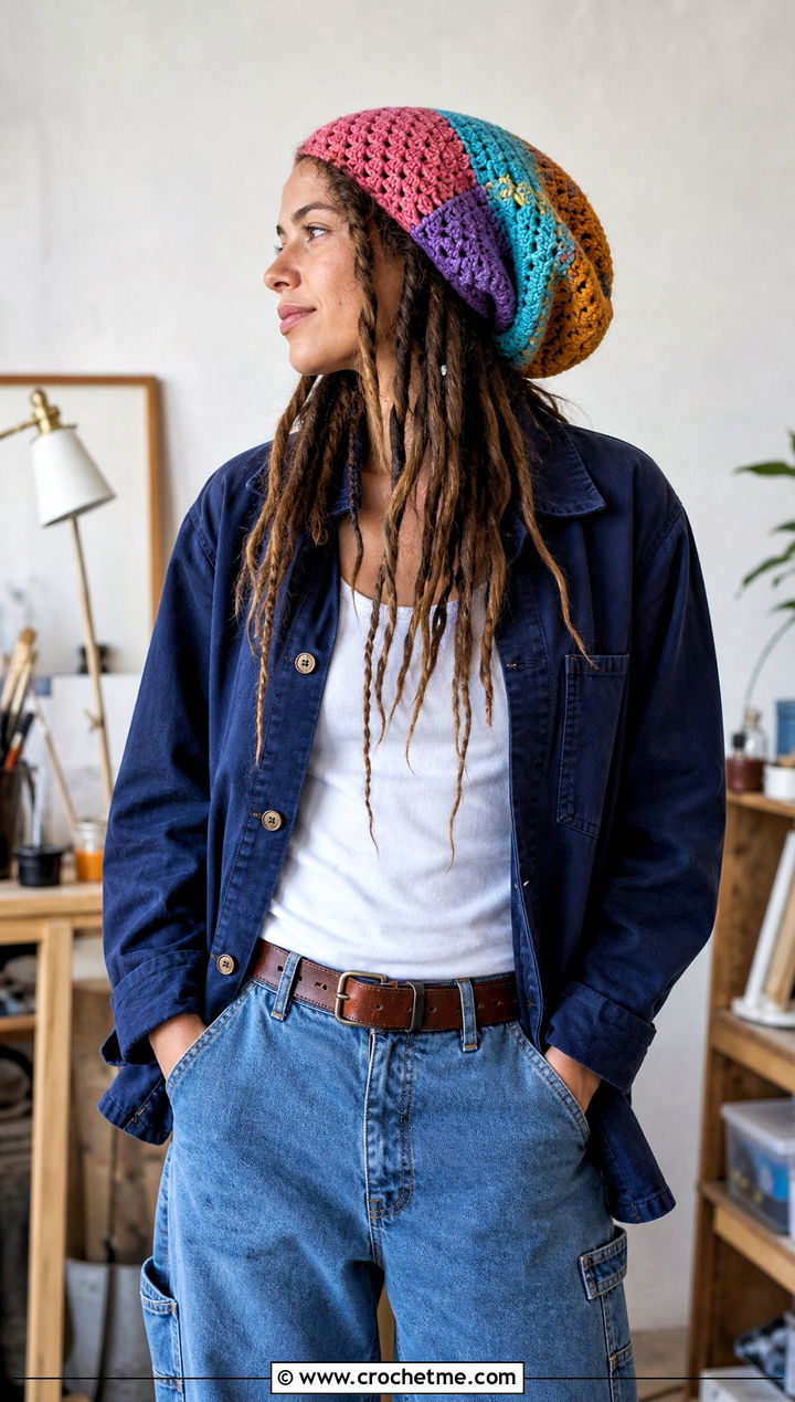 Patchwork Crochet Dread Cap With Chore Jacket And Carpenter Jeans - 20 Crochet Dread Cap outfit ideas