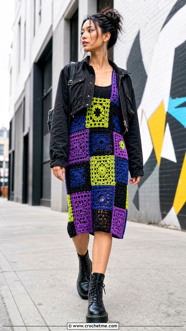 Patchwork Crochet Dress With Combat Boots - 35 crochet dresses outfit ideas