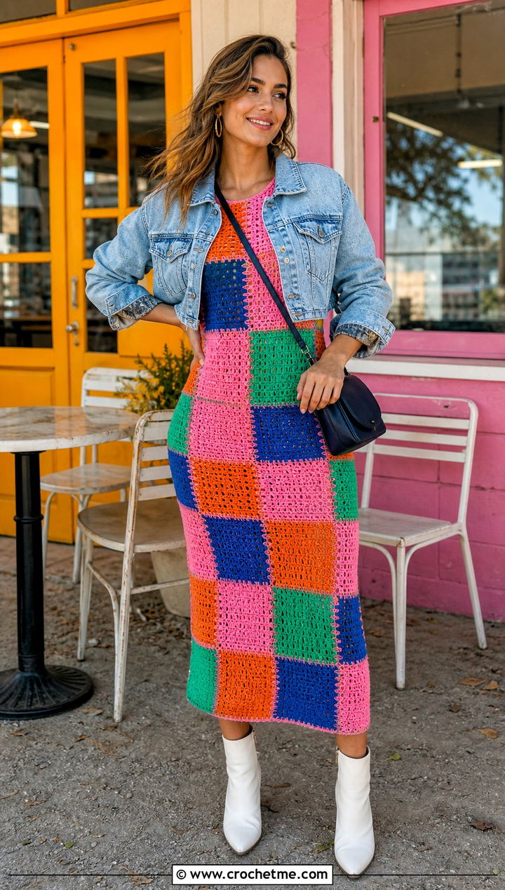 Patchwork Crochet Dress With Denim Jacket - 35 long sleeve crochet dress outfit ideas