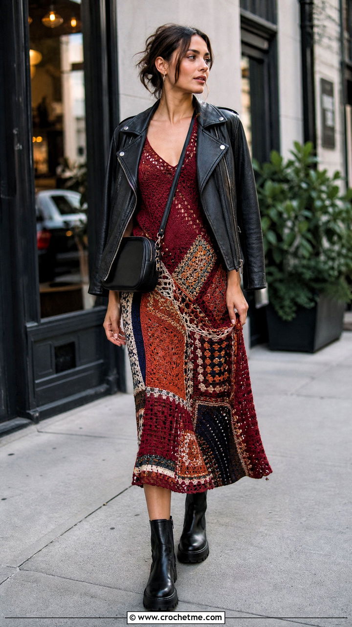 Patchwork Crochet Dress With Moto Jacket - 35 crochet fall clothes and outfit ideas
