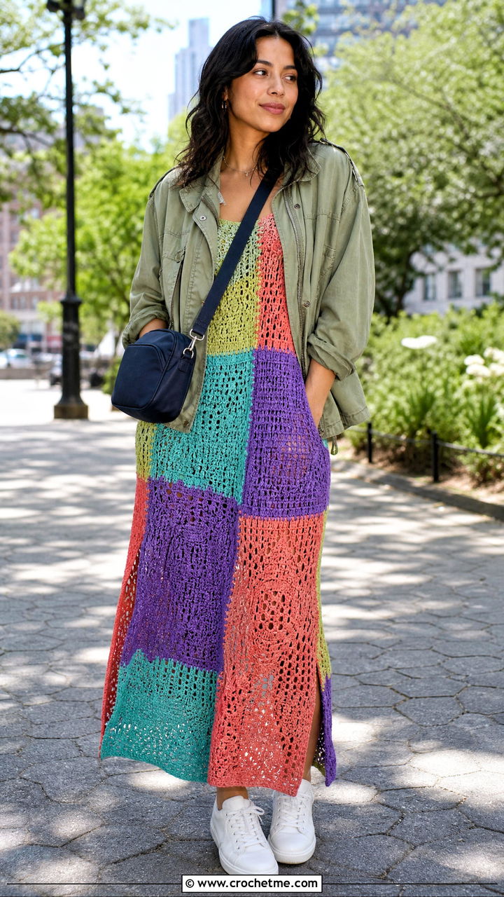 Patchwork Crochet Dress With Utility Jacket - 35 simple crochet dress women outfit ideas