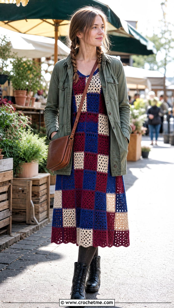 Patchwork Crochet Dress With Utility Jacket - 30 crochet dress for winter outfit ideas