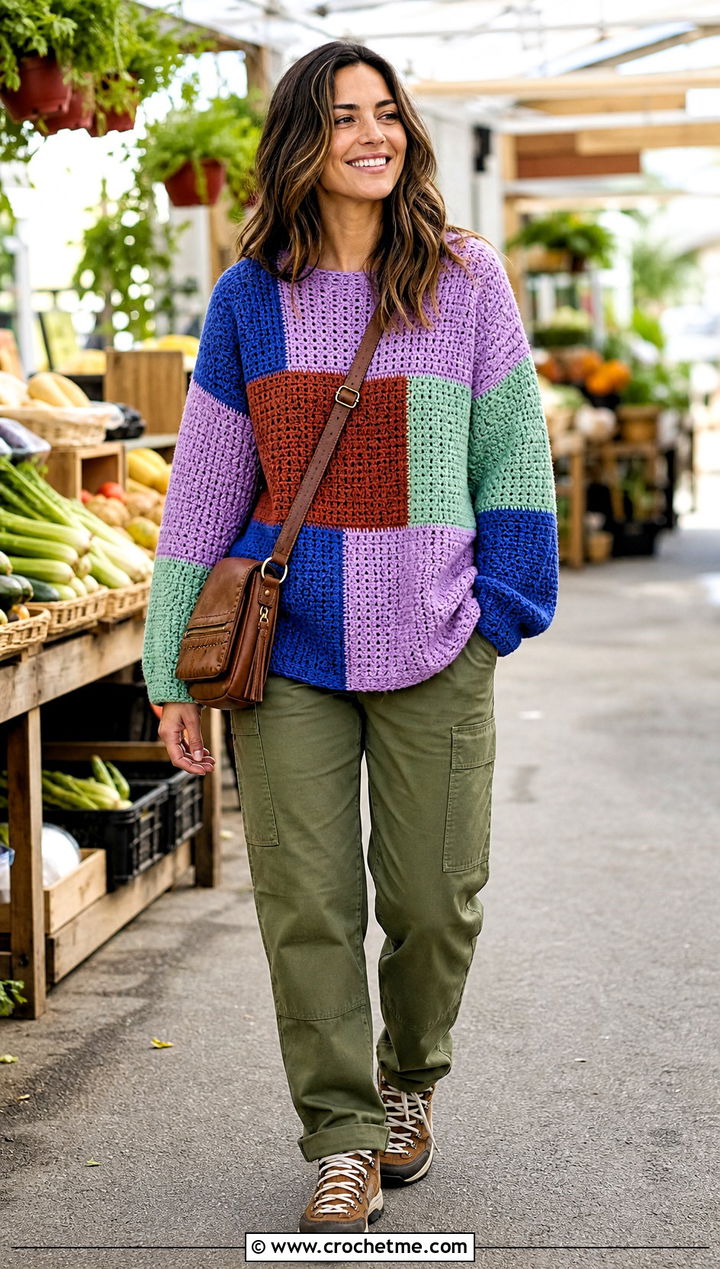Patchwork Crochet Drop Shoulder Sweater With Utility Pants - 30 crochet drop shoulder sweater outfit ideas