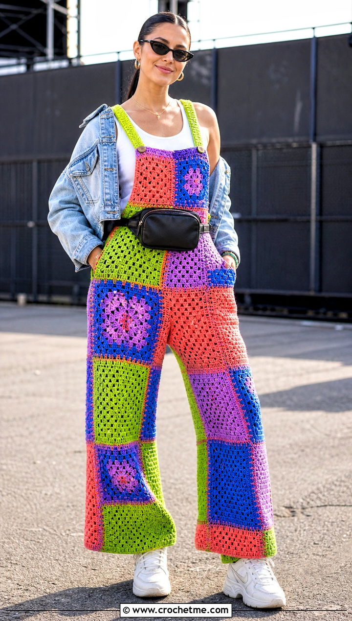 Patchwork Crochet Dungarees With Denim Jacket - 30 crochet dungarees outfit ideas