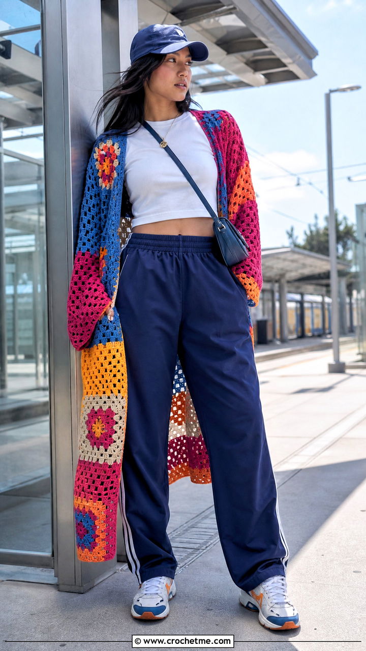 Patchwork Crochet Duster Cardigan With Track Pants - 35 crochet duster cardigan outfit ideas