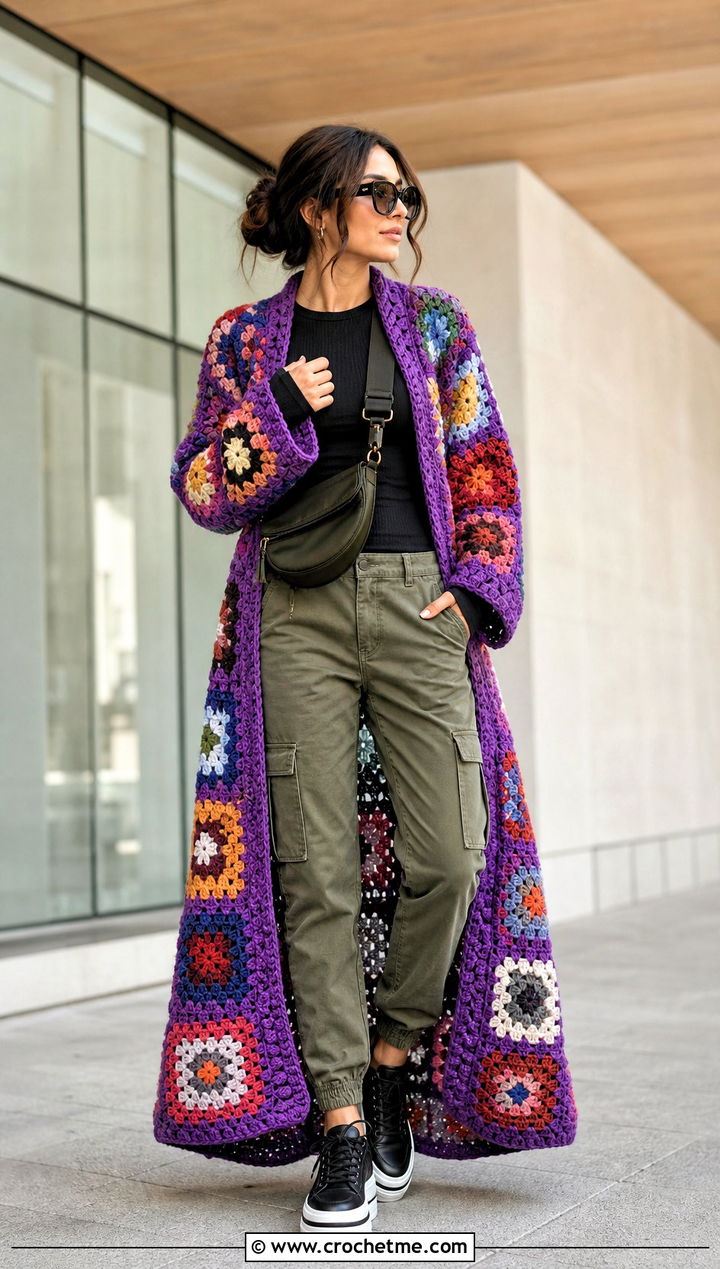 Patchwork Crochet Duster Winter Coat With Cargo Pants - 20 Crochet Winter Coat outfit ideas