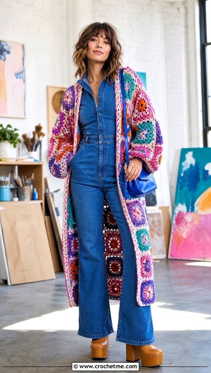 Patchwork Crochet Duster With Denim Jumpsuit - 25 crochet duster outfit ideas