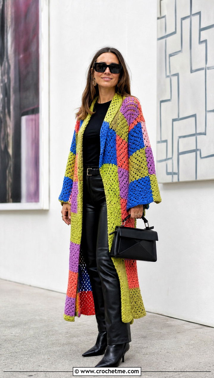 Patchwork Crochet Duster With Leather Pants - 25 Easy Crochet Duster outfit ideas