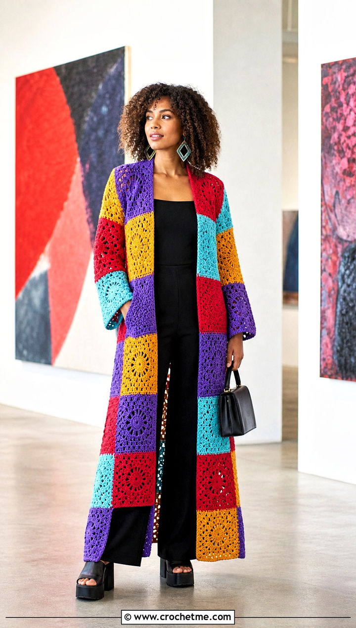 Patchwork Crochet Duster With a Black Jumpsuit - 35 crochet long jacket outfit ideas