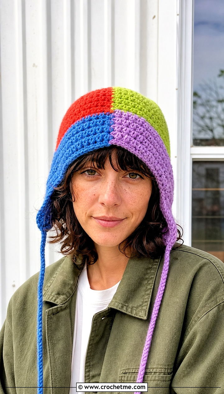 Patchwork Crochet Ear Flap Hat With Workwear Jacket - 30 crochet adult ear flap hat outfit ideas