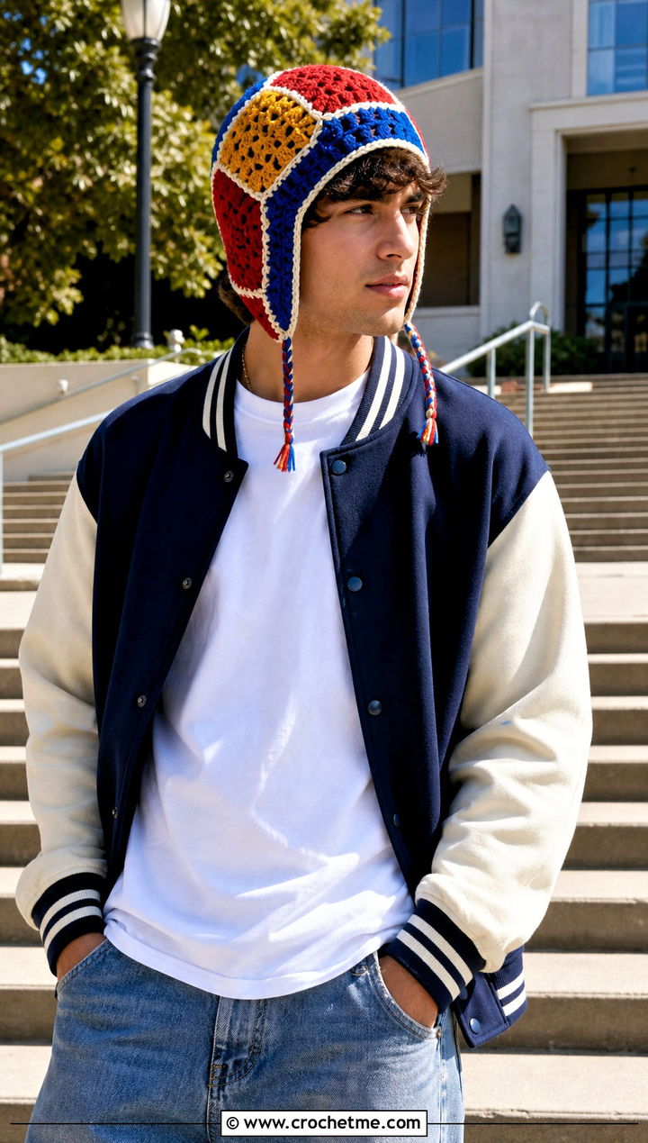 Patchwork Crochet Earflap Hat With Varsity Jacket - 20 Mens Crochet Earflap Hat outfit ideas
