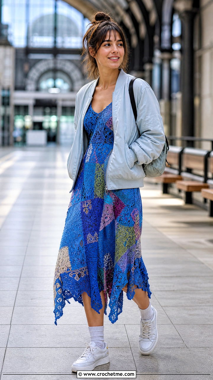 Patchwork Crochet Fairy Dress With Bomber Jacket - 35 Crochet Fairy Dress outfit ideas