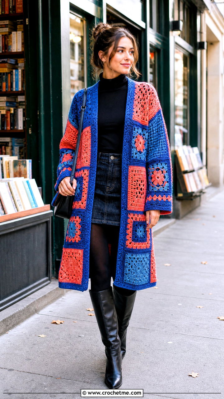 Patchwork Crochet Fall Cardigan With Denim Mini Skirt - 35 crochet fall cardigan outfit ideas