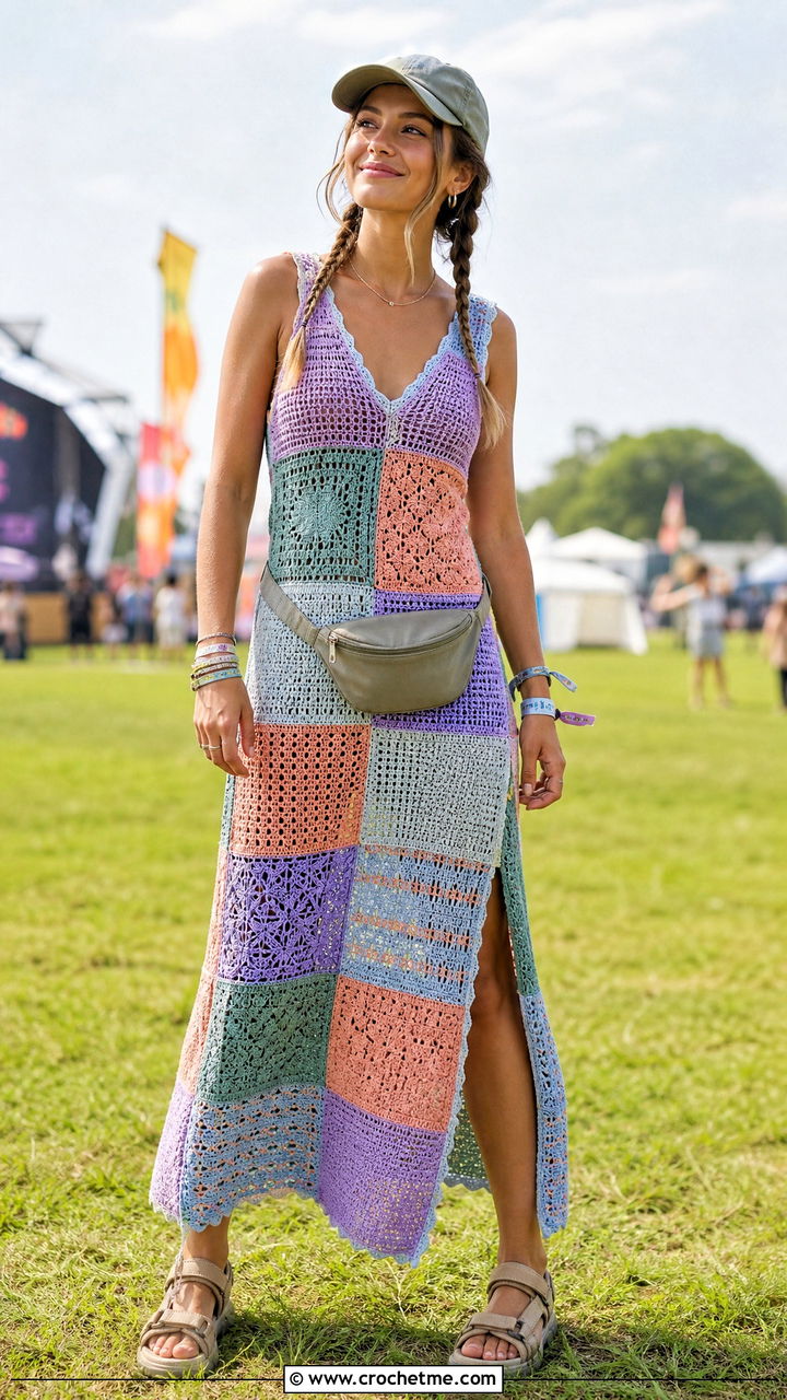 Patchwork Crochet Festival Dress With Hiking Sandals - 35 crochet festival dress outfit ideas