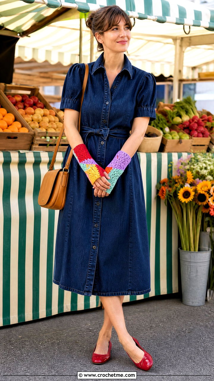 Patchwork Crochet Fingerless Gloves With Denim Dress - 35 easy crochet fingerless gloves outfit ideas