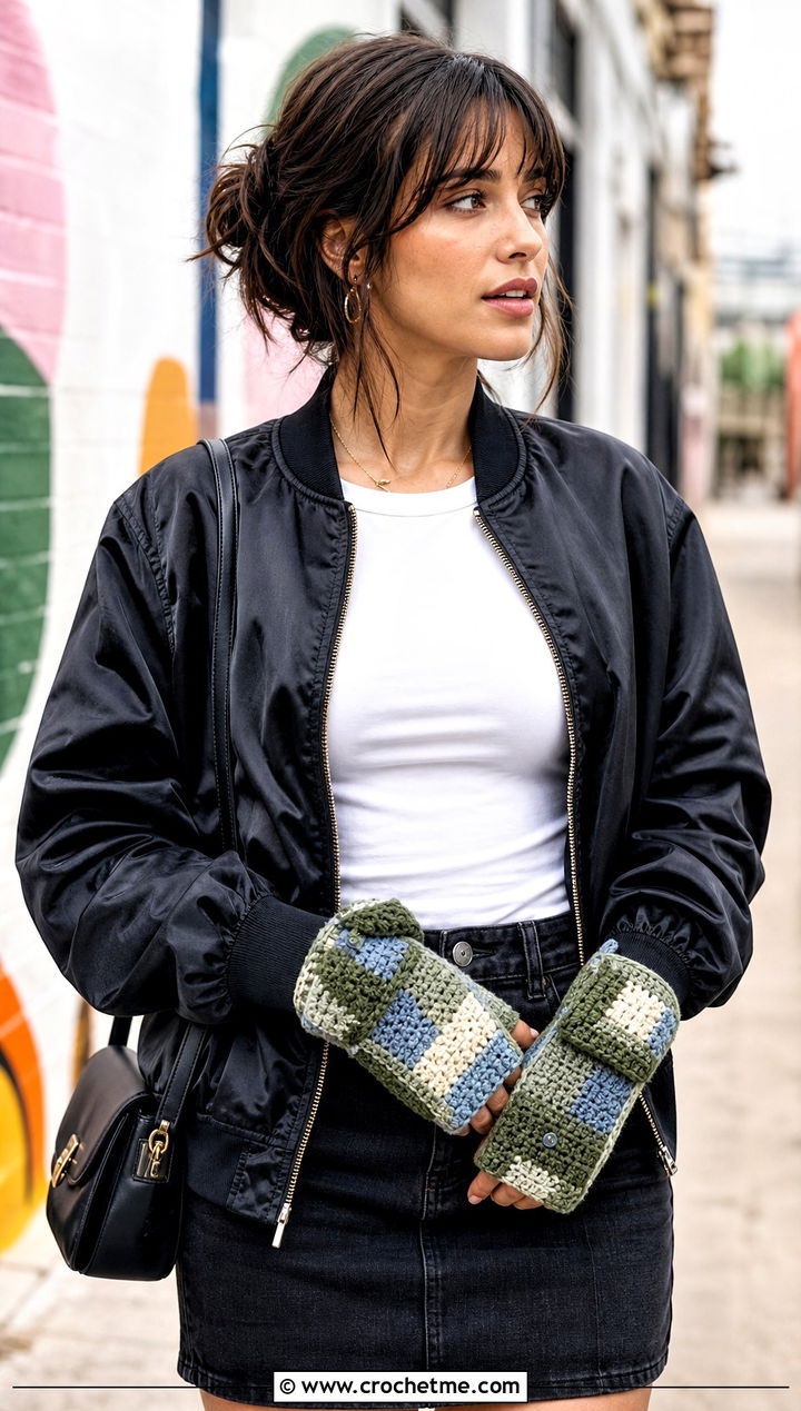 Patchwork Crochet Fingerless Gloves With Flap And Bomber Jacket - 30 crochet fingerless gloves with flap outfit ideas
