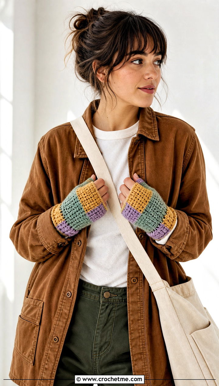 Patchwork Crochet Fingerless Gloves With Shacket And Carpenter Pants - 25 Simple Crochet Fingerless Gloves outfit ideas