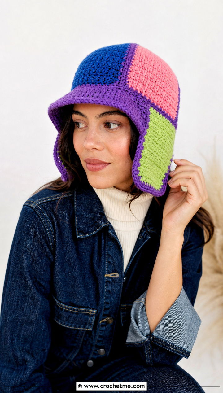 Patchwork Crochet Flap Hat With Denim Jumpsuit - 30 crochet flap hat outfit ideas