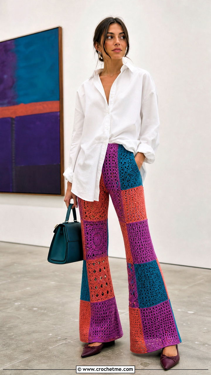 Patchwork Crochet Flare Pants With Oversized Button Down Shirt - 35 crochet flare pants outfit ideas