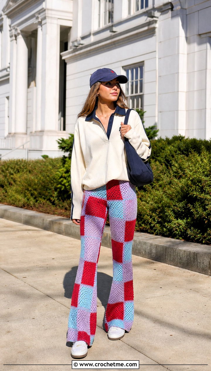 Patchwork Crochet Flare Pants With Rugby Shirt - 15 Crochet Patchwork Pants outfit ideas