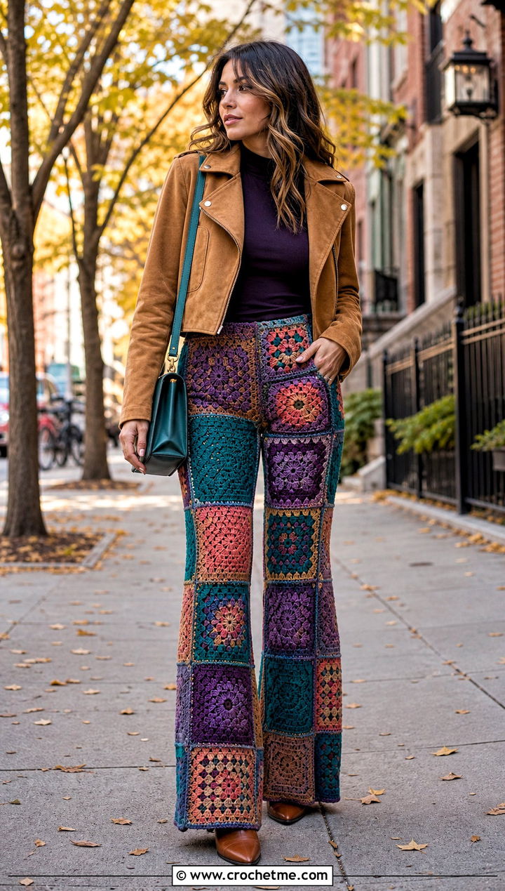 Patchwork Crochet Flare Pants With Suede Jacket - 25 crochet flair pants outfit ideas