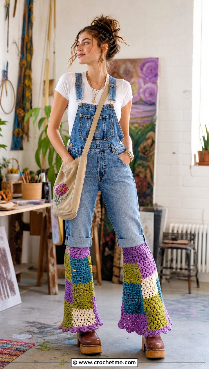 Patchwork Crochet Flared Leg Warmers With Denim Overalls - 30 Crochet Flared Leg Warmers outfit ideas