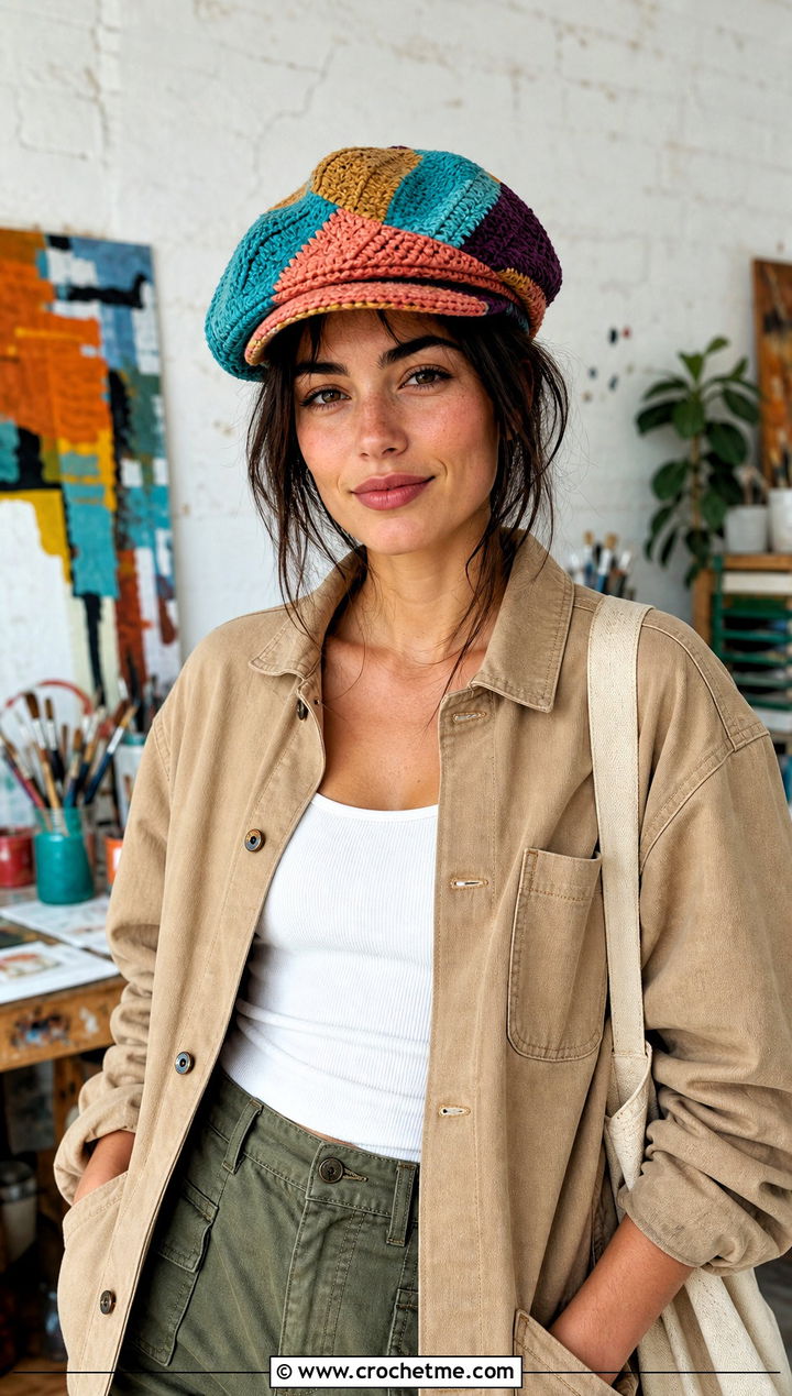 Patchwork Crochet Flat Cap With Chore Jacket And Cargo Pants - 25 crochet flat cap outfit ideas