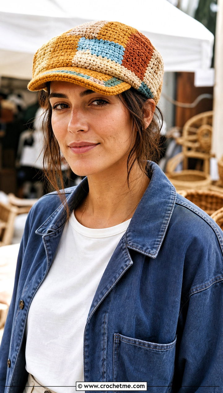 Patchwork Crochet Flat Cap With Chore Jacket And Carpenter Jeans - 20 flat crochet hat outfit ideas