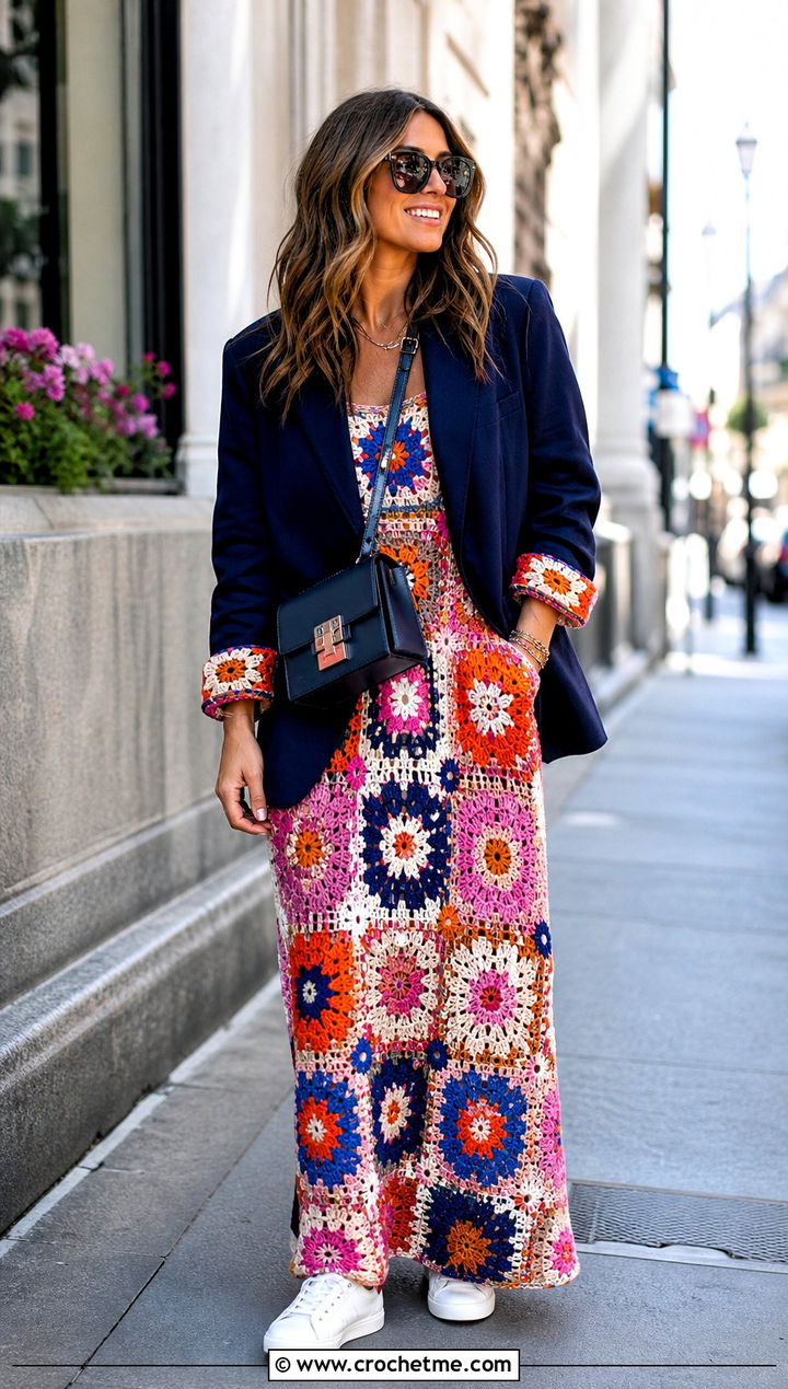 Patchwork Crochet Flower Maxi Dress With Blazer And Sneakers - 35 Crochet Flower Dress outfit ideas