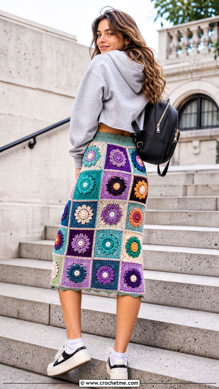 Patchwork Crochet Flower Midi Skirt With Cropped Hoodie - 35 crochet flower skirt outfit ideas