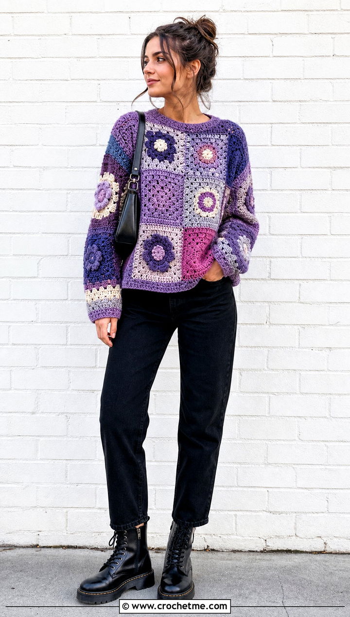 Patchwork Crochet Flower Sweater With Black Jeans - 30 crochet flower sweater outfit ideas