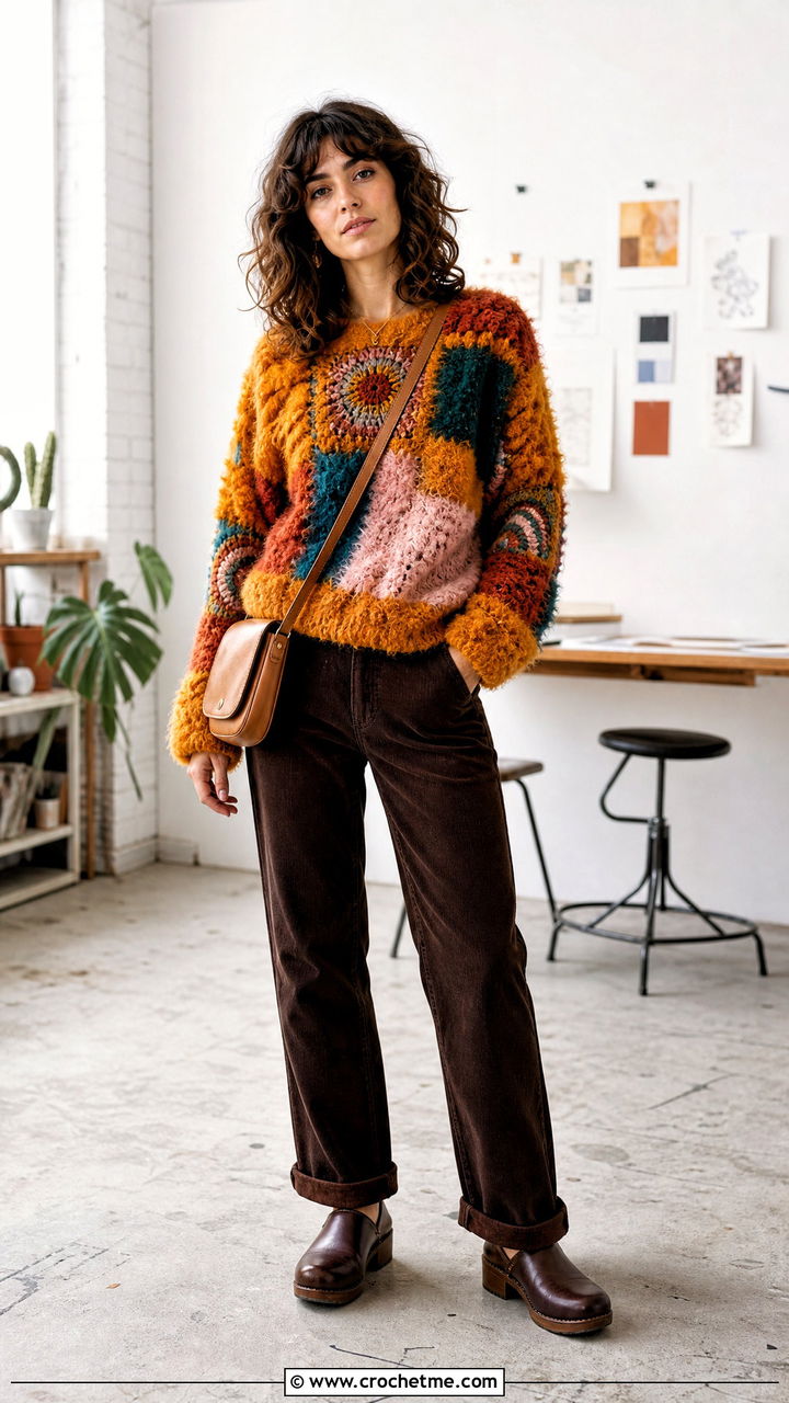 Patchwork Crochet Fluffy Sweater With Corduroy Pants - 35 crochet fluffy sweater outfit ideas