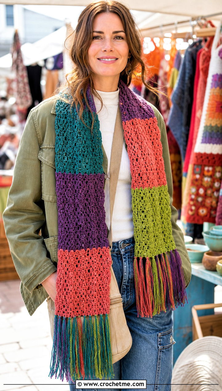 Patchwork Crochet Fringe Scarf With Field Jacket - 25 Crochet Scarf Fringe Ideas