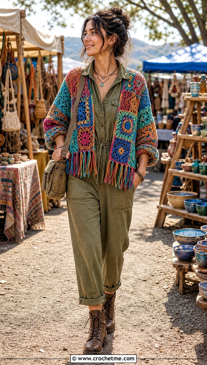 Patchwork Crochet Fringe Sweater With Utility Jumpsuit - 20 Crochet Fringe Sweater outfit ideas