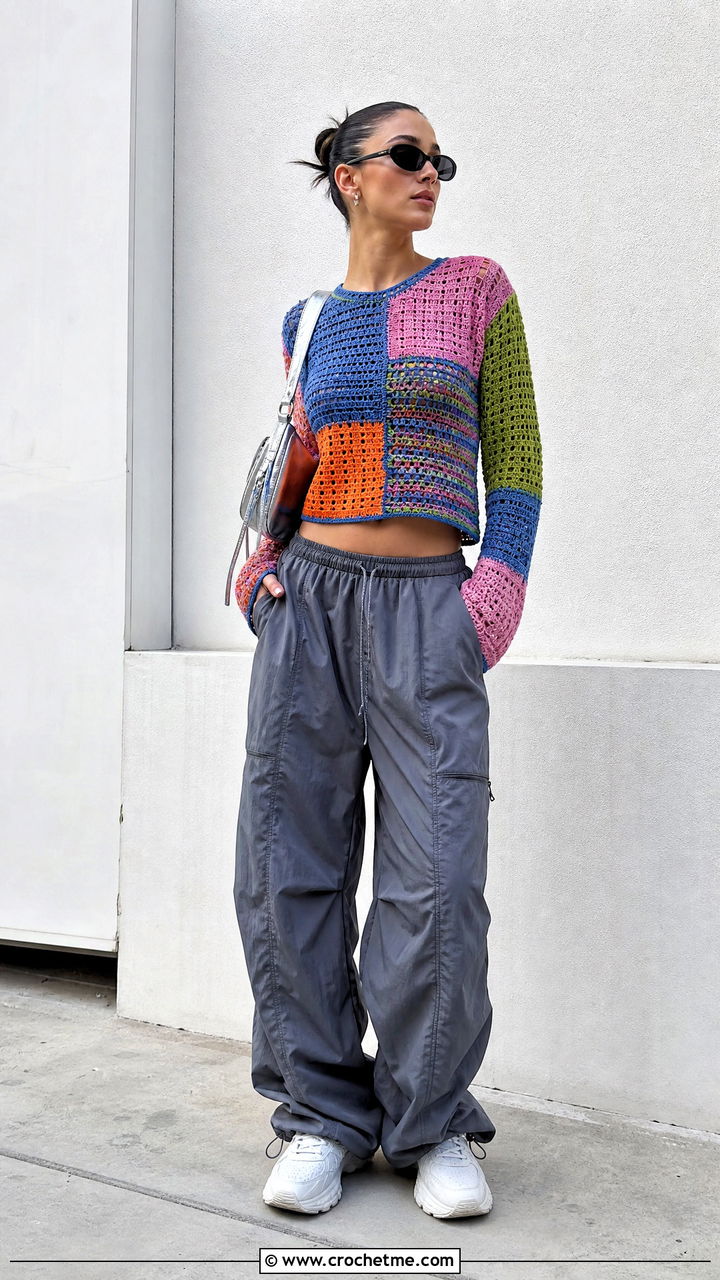 Patchwork Crochet Full Sleeve Top With Parachute Pants - 35 crochet full sleeve top outfit ideas