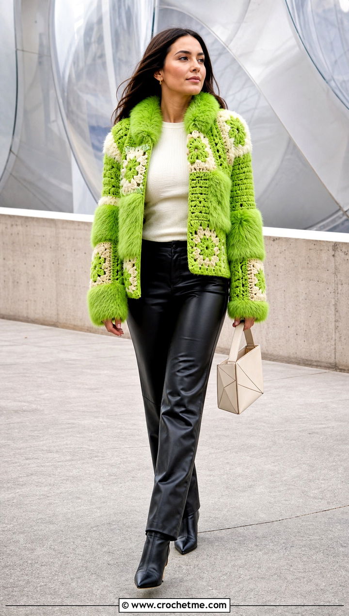 Patchwork Crochet Fur Jacket With Leather Pants - 30 crochet fur jacket outfit ideas