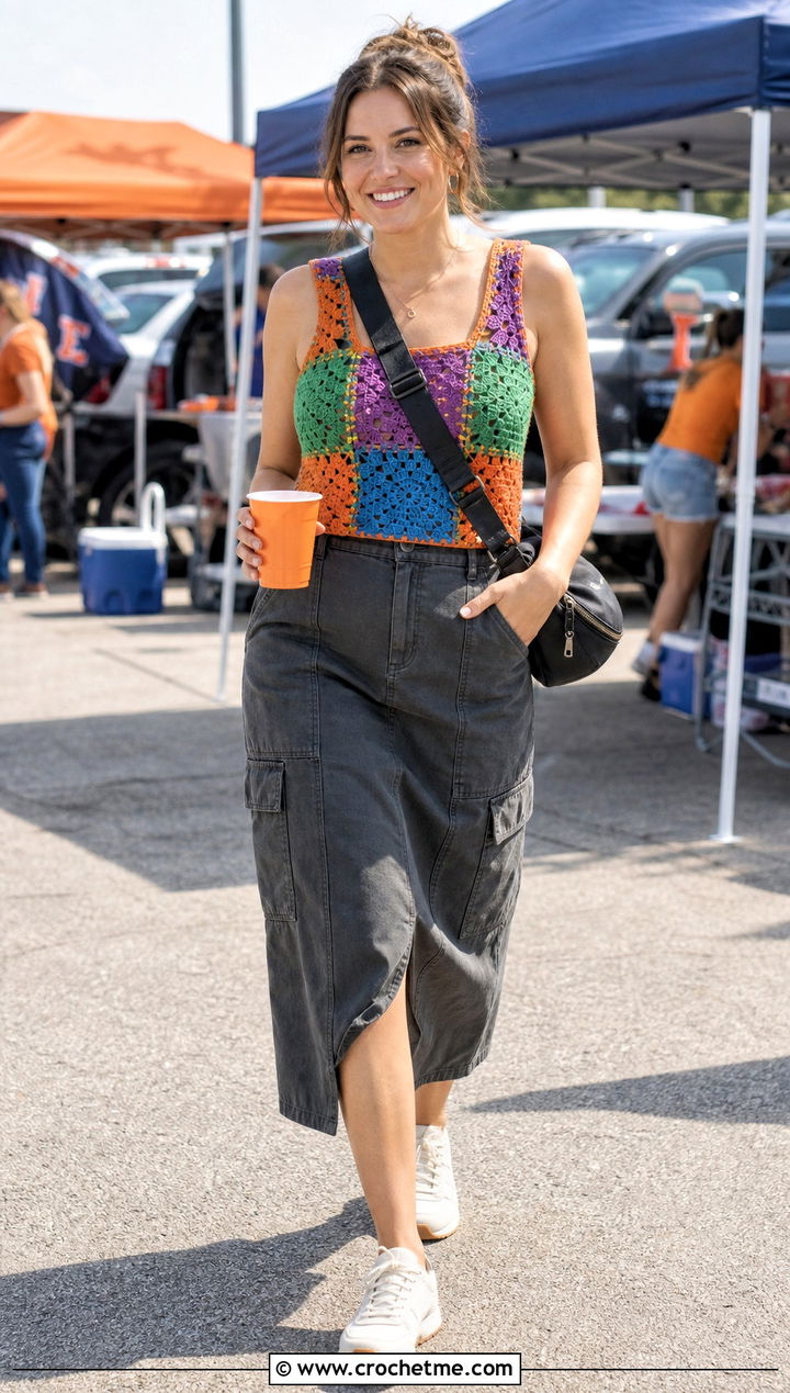 Patchwork Crochet Game Day Tank With Utility Skirt - 25 Crochet Game Day Top outfit ideas