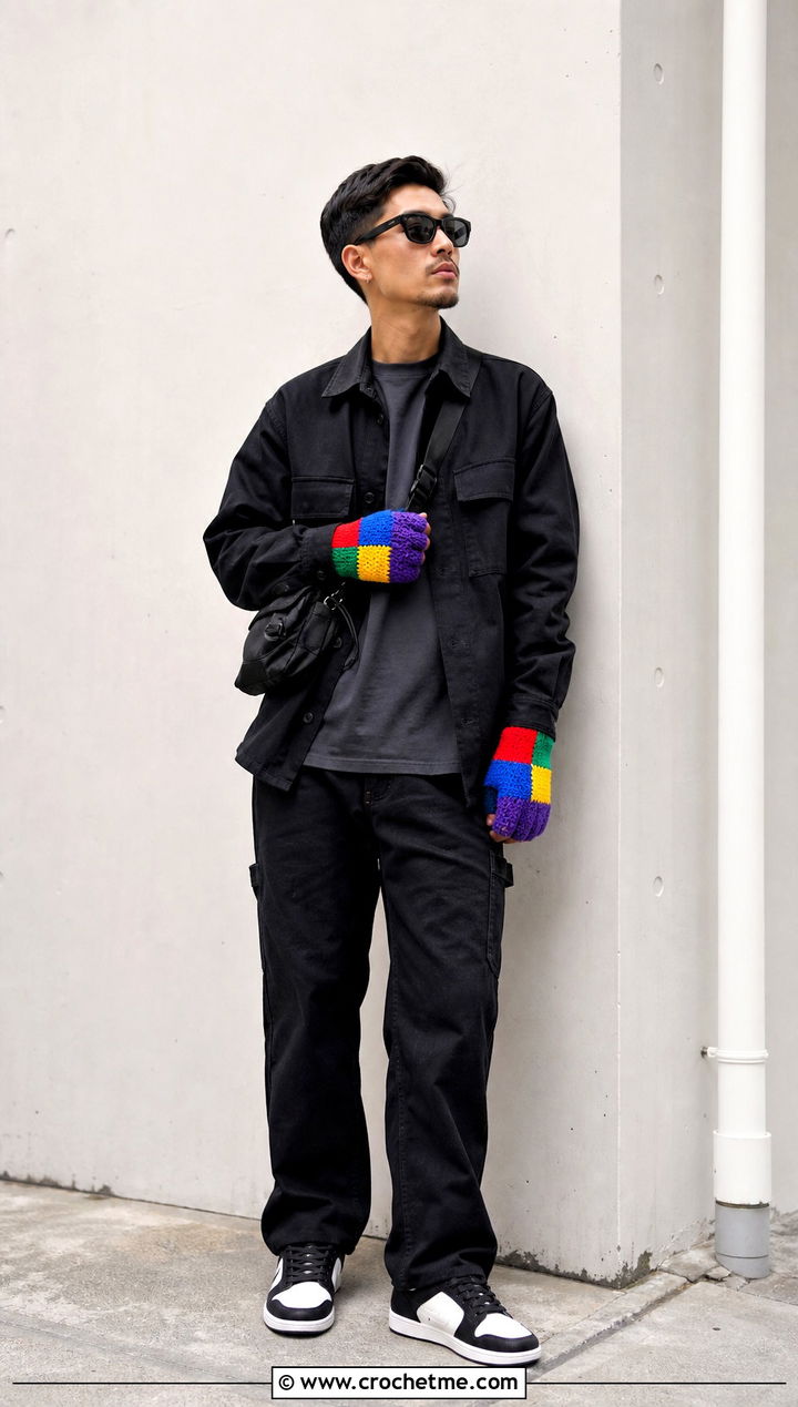Patchwork Crochet Gloves With Black Workwear - 35 men crochet gloves outfit ideas