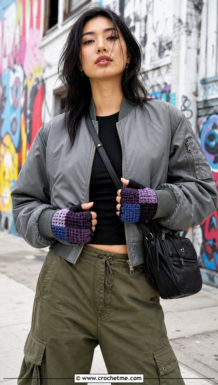 Patchwork Crochet Gloves With Cargo Pants - 25 crocheted gloves outfit ideas