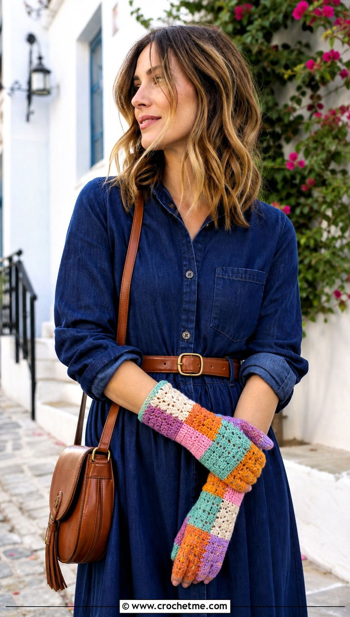 Patchwork Crochet Gloves With Denim Dress - 35 crochet gloves fingers outfit ideas
