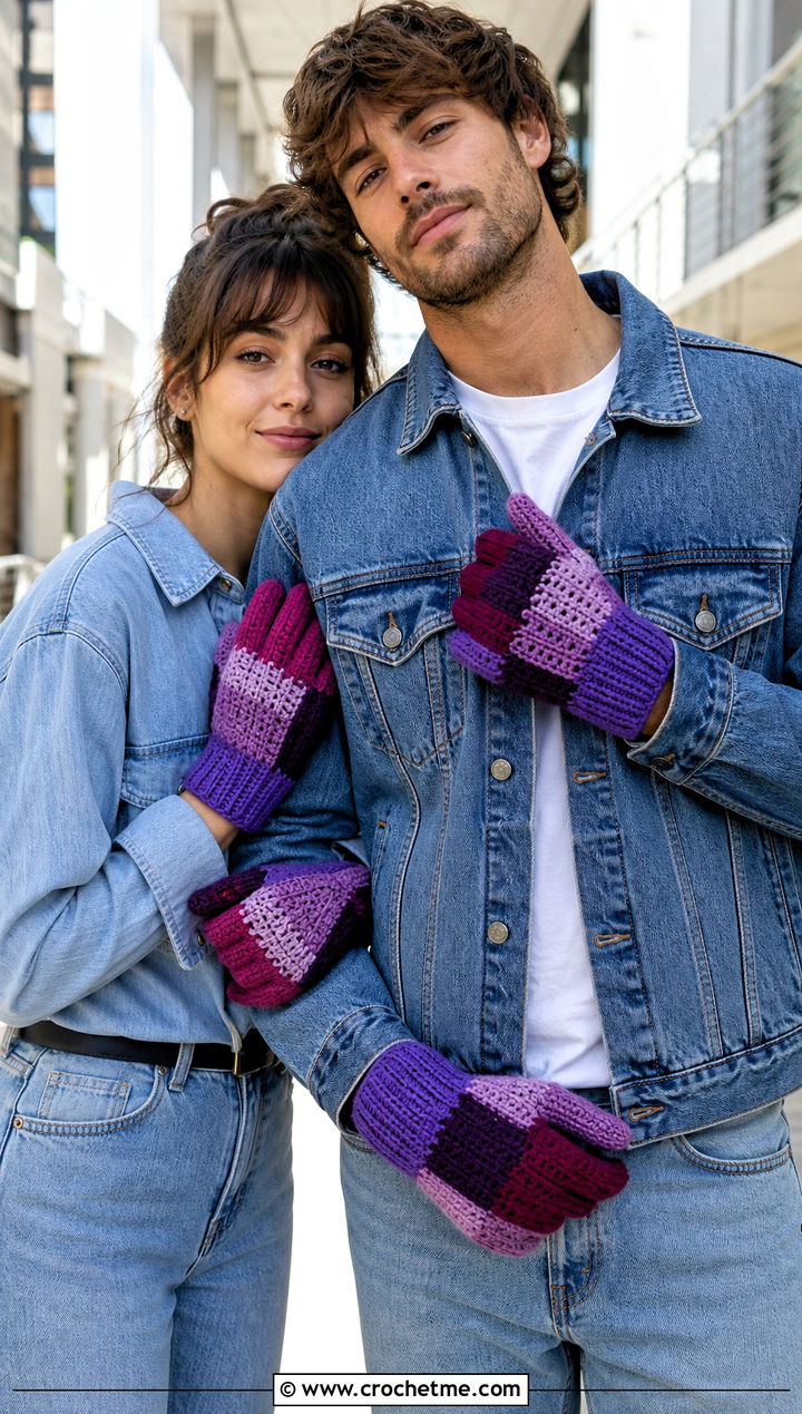 Patchwork Crochet Gloves With Double Denim - 25 Crochet Gloves For Couples outfit ideas