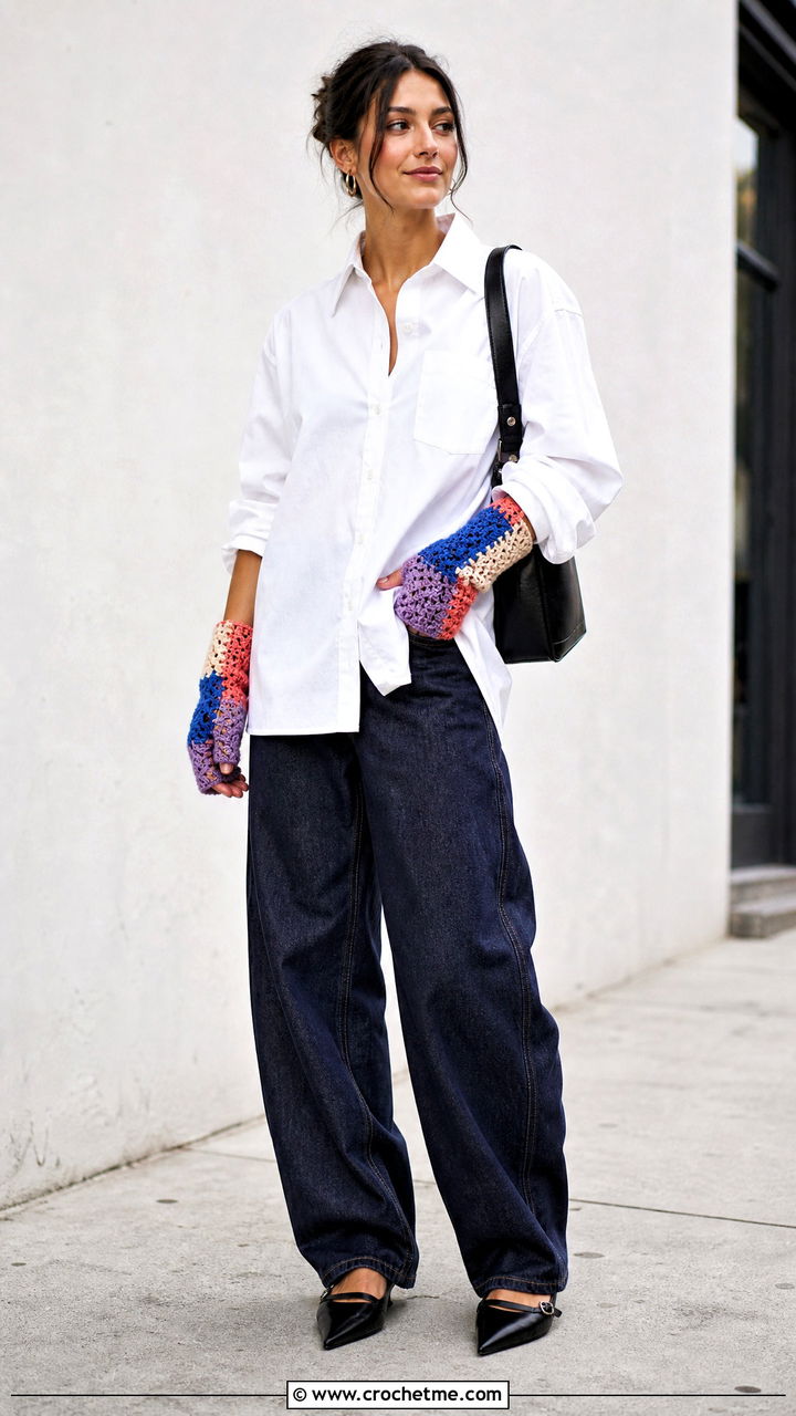 Patchwork Crochet Gloves With White Shirt - 35 crochet hand gloves outfit ideas