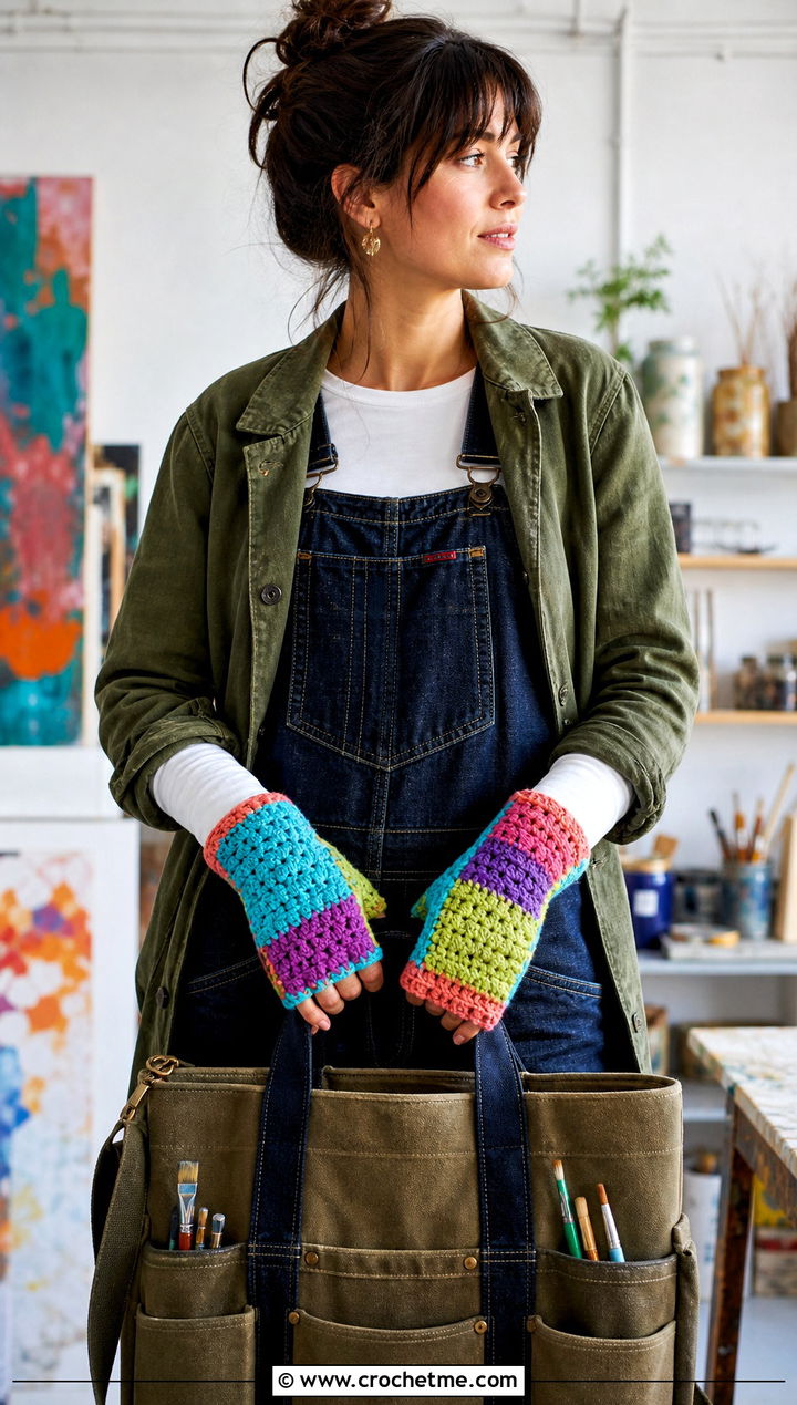 Patchwork Crochet Gloves With Workwear Overalls - 30 aesthetic crochet gloves outfit ideas